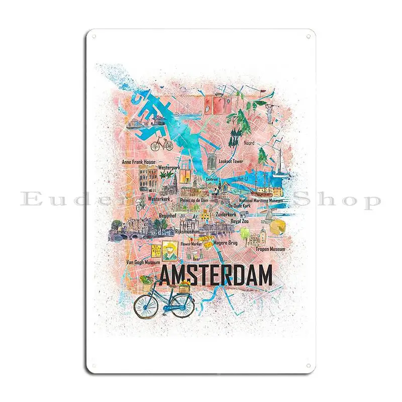 Amsterdam Netherlands Illustrated Map With Main Roads Landmarks And Highlights Metal Signs Garage Iron Cinema Tin Sign Poster