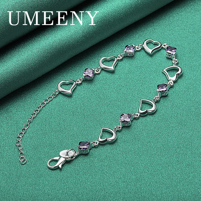 

925 Sterling Silver 8 Inch Exquisite Purple Heart Shaped Zirconia Bracelet Women Wedding Party Accessories