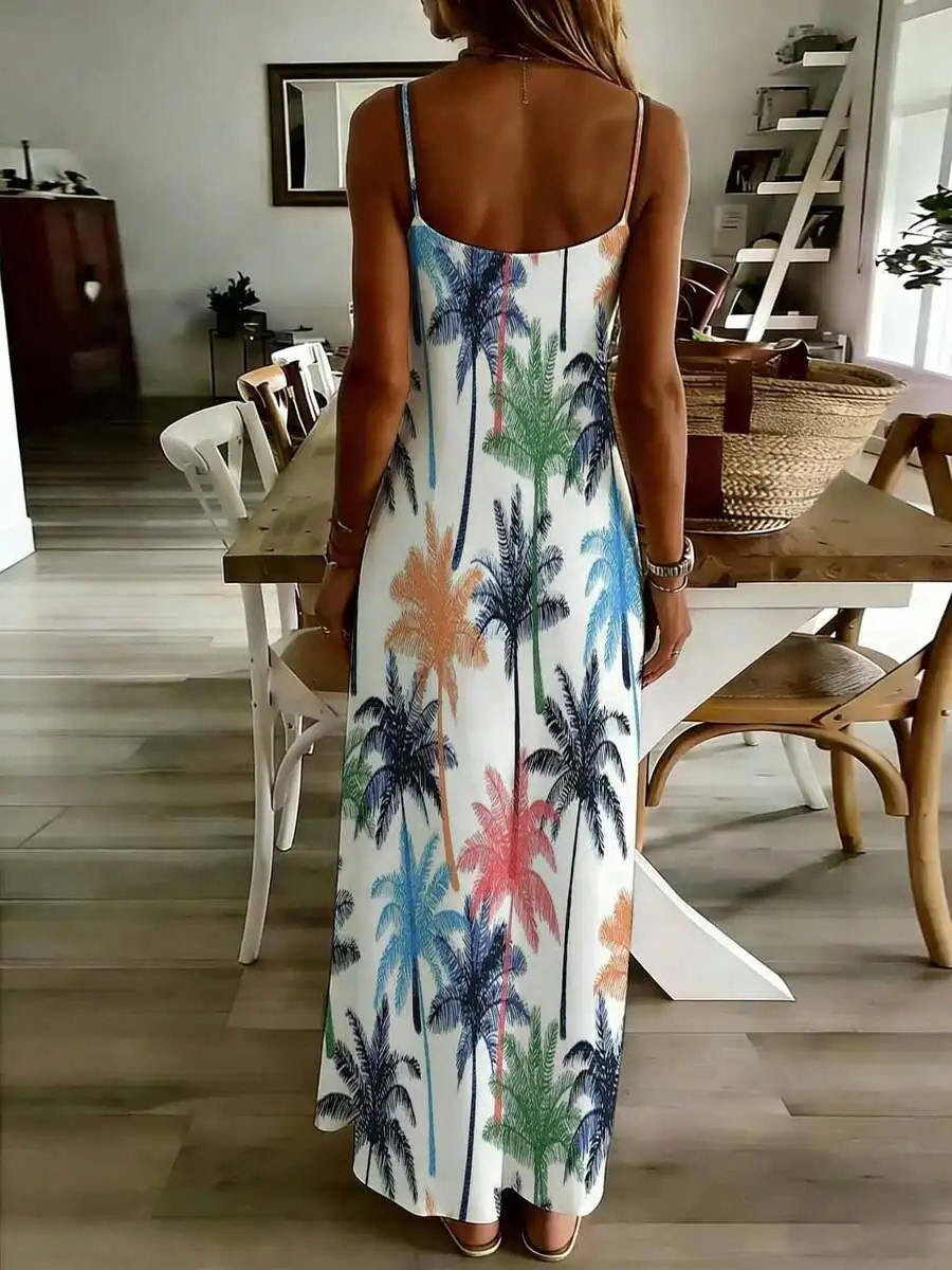

Colorful Palm Tree Print Sleeveless Maxi Dress For Women Summer Beach Vacation Casual Wear