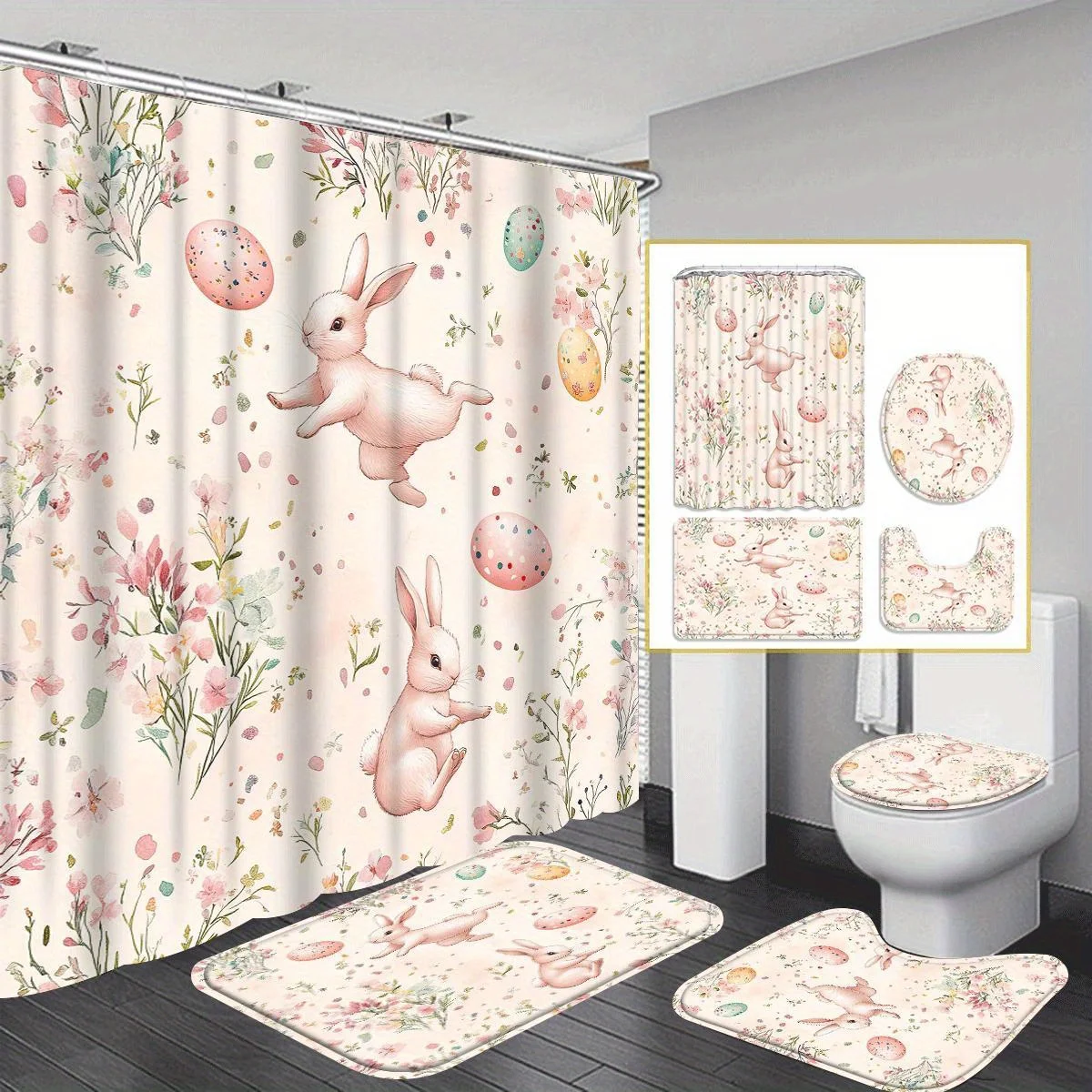 

4 шт. весенний пасхальный набор для ванной комнаты, занавеска для душа, нескользящий напольный коврик, U-образный коврик для унитаза, сиденье для унитаза, полиэфирная ткань