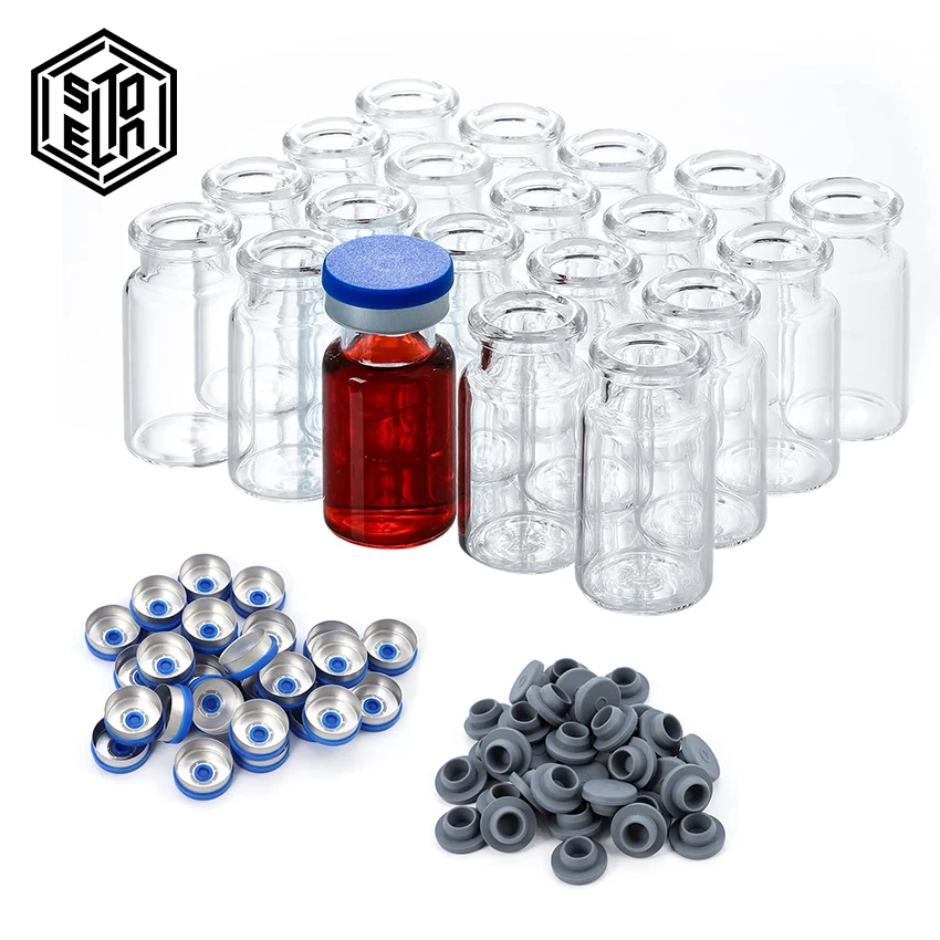 100 عبوة من قوارير الزجاج الشفاف سعة 10 مل لسدادة مطاطية للحقن وزجاجات عينة مختبر بغطاء قابل للطي