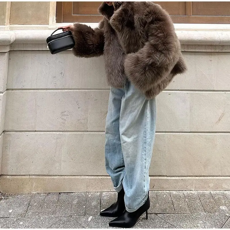 Brown Faux Fur Coat Women Winter Jacket Solid Color Long Sleeve Streetwear Jackets for Women