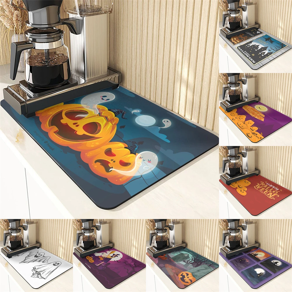 Halloween Style Diatomaceous Earth Silicone Mat Tables Placemat Pumpkin Pattern Non-Slip Mats Absorbent Drying Mat For Kitchen