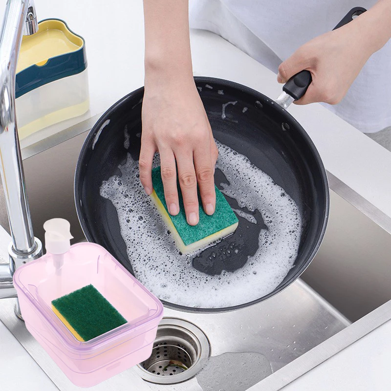 1Set Liquid Soap Dispenser Kitchen Dish Soap Dispenser With Sponge Liquid Pump Soap Container Kitchenware Cleaning Tool