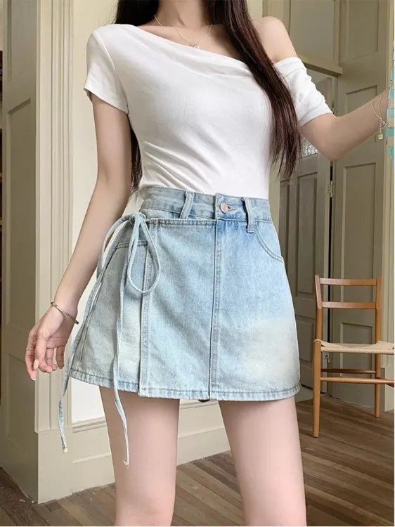 

plus Size Retro Fashionable Denim Shorts Women's Summer Slim Wide Leg A-Line Skirt Pants High Waist Blue Jeans Commute Style