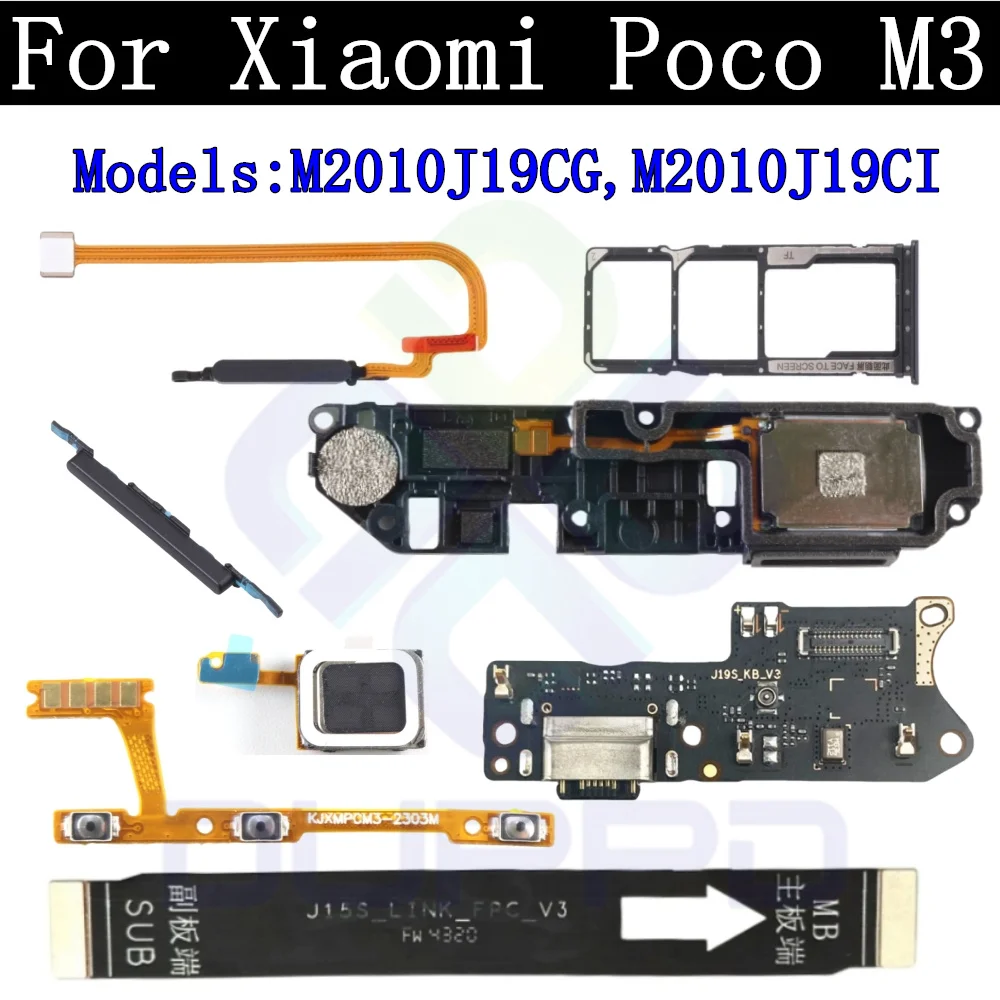 SIM Card Charging Port Board Fingerprint Sensor Volume Off On Motherboard Flex Cable For Xiaomi Poco M3 Top Ear Loud Speaker