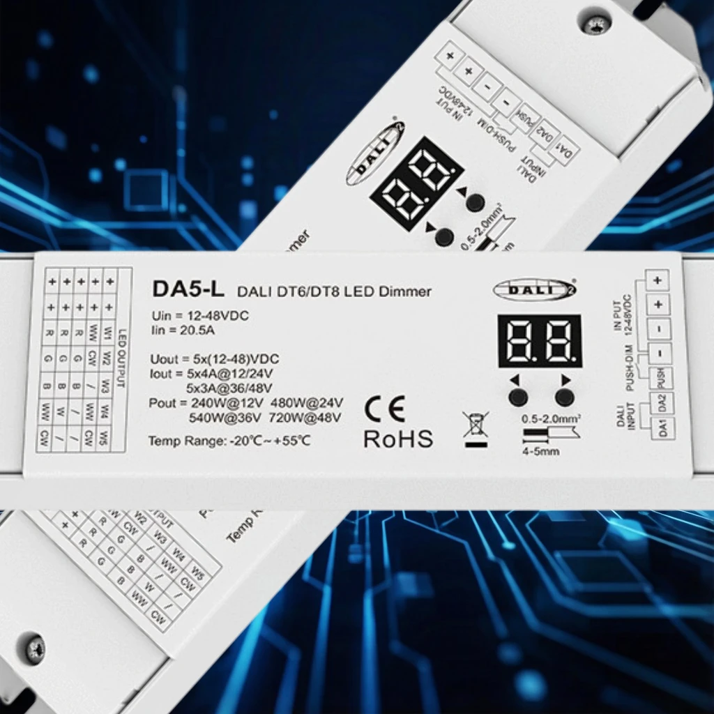 DA5-L DALI DT6 DT8 LED Dimmer For RGB RGBCCT LED Strip Light Tape 5CH*4A 12V-48VDC CV 5 Channel 24V Controller  Constant Voltage