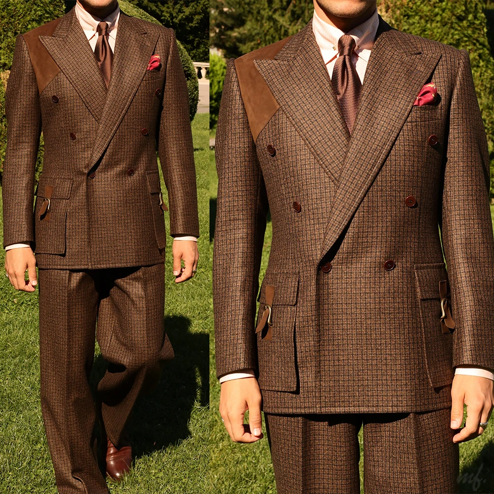 Vintage Plaid Men Suits 2 Pieces Double Breasted Peaked Lapel Jacket Sets Autumn Winter Customized Costume Homme
