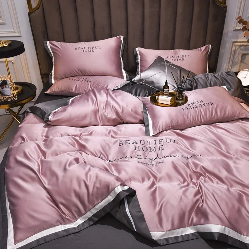 

2024 Spring Duvet Cover Washed Silk Home Linens Cool Bedclothes Luxury Embroidery Bedding Set Fitted Sheet Imitation Tencel Silk