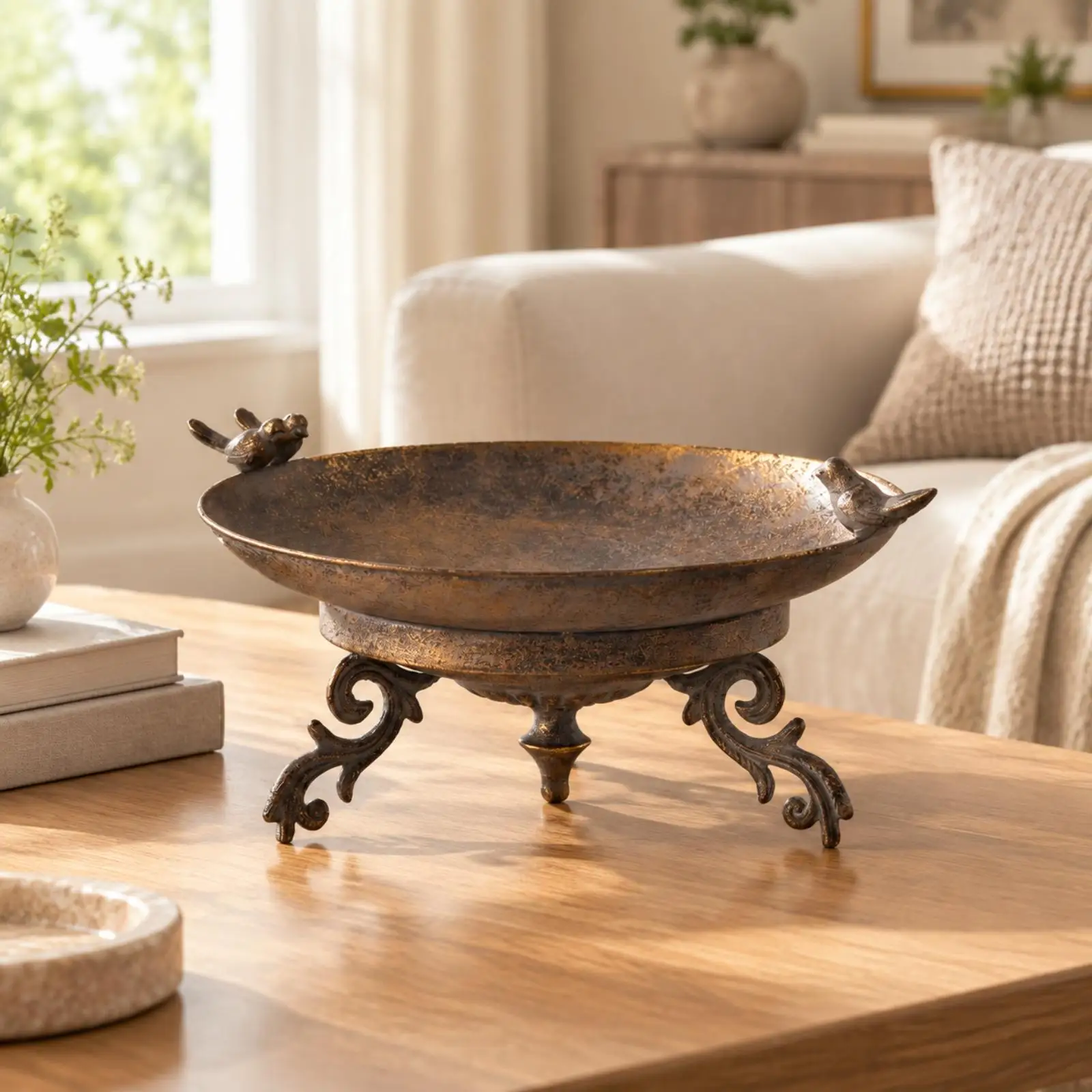 Sculptural Iron Decorative Container Oval Shallow Bowl Bird Toppers Scroll Base for Dried Botanicals Arrangement