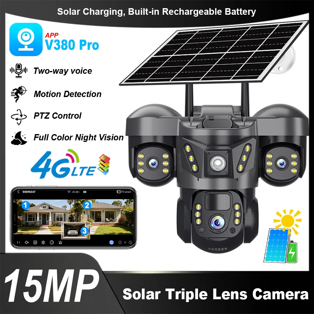 

V380 Wireless Solar Security Camera with Triple Cameras, Outdoor PTZ Monitoring System with AI Motion Detection