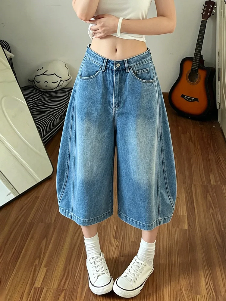 Retro American Design Washed out Jeans High Waist Loose Fit Wide Leg Seven Inch Autumn Jeans for Women Neutral Style Summer