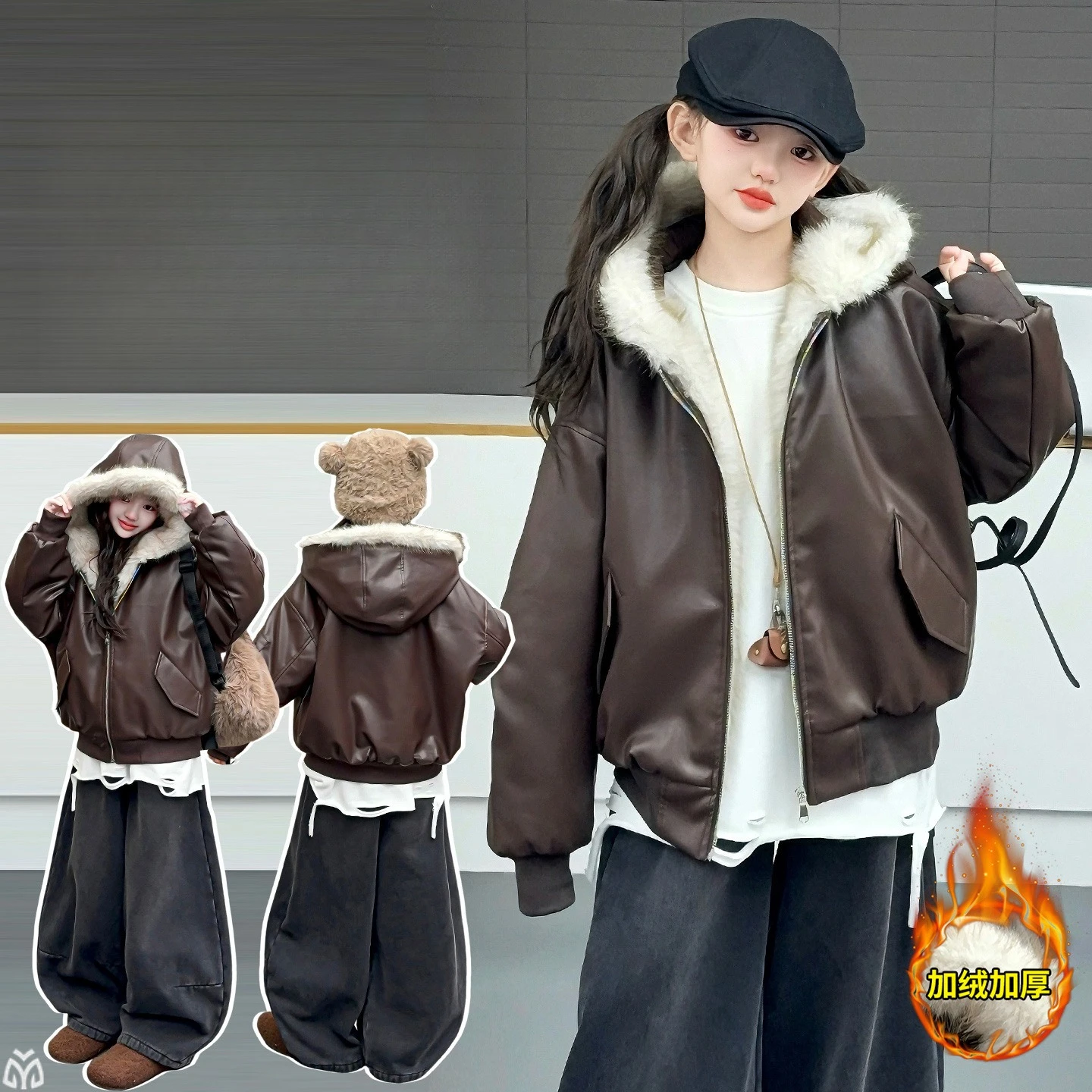 

Girls' Velvet Leather Jacket 2025 New Autumn/Winter Collection Medium and Large Children's Korean Edition Thick Hooded Jacket