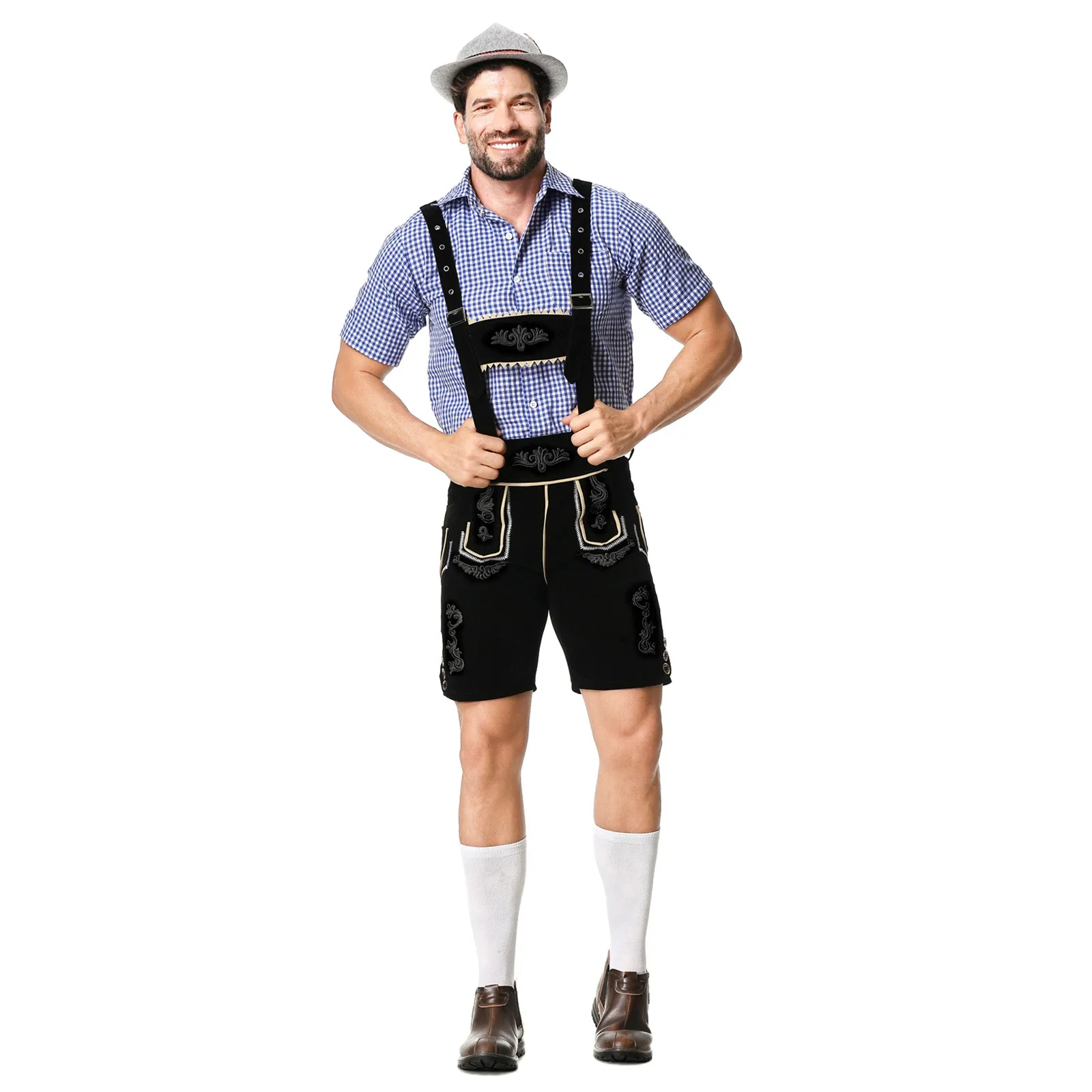 Men‘S’ Traditional Beer Festival Clothing German Oktoberfest Cosplay Costume Suit Plaid Shirt+Rompers Bavarian Bartender Wear