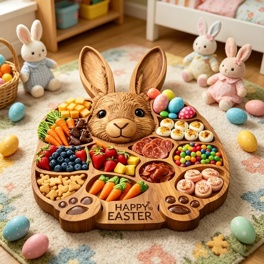 Serving Platter with Compartments Rustic Rabbit-shaped Deli Tray Serving Board with Multiple Compartments Natural Wood Cheese