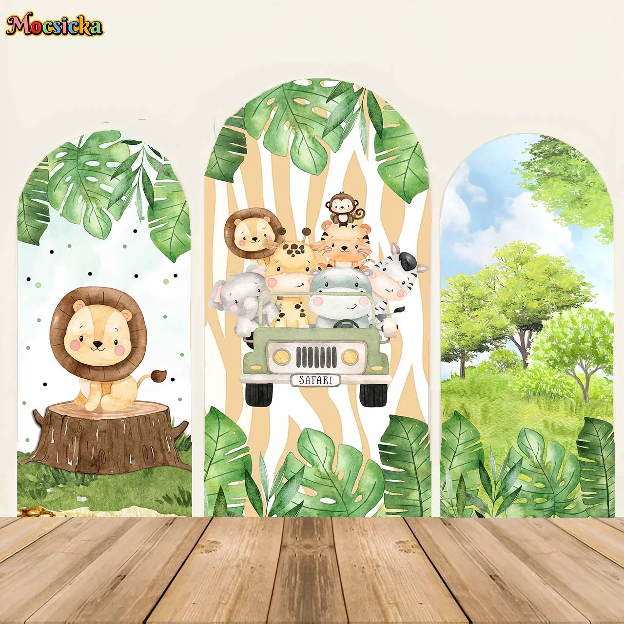 Mocsicka fondo de arco de 2 caras, animales de la selva, Fondo para Baby Shower, tema de Safari, decoraciones para fiesta de cumpleaños de niños,