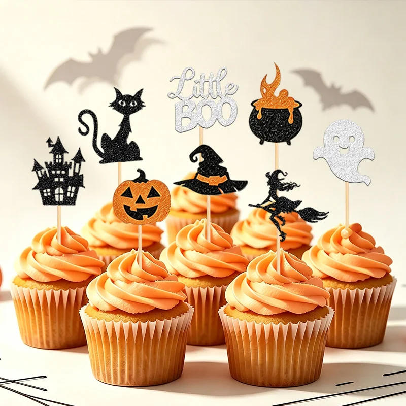 YOMDID 24Pcs Halloween Cupcake Toppers Glitter Cat Castle Boo Ghost Witch Hat Cake Toppers Picks Holiday Halloween Decorations view 3