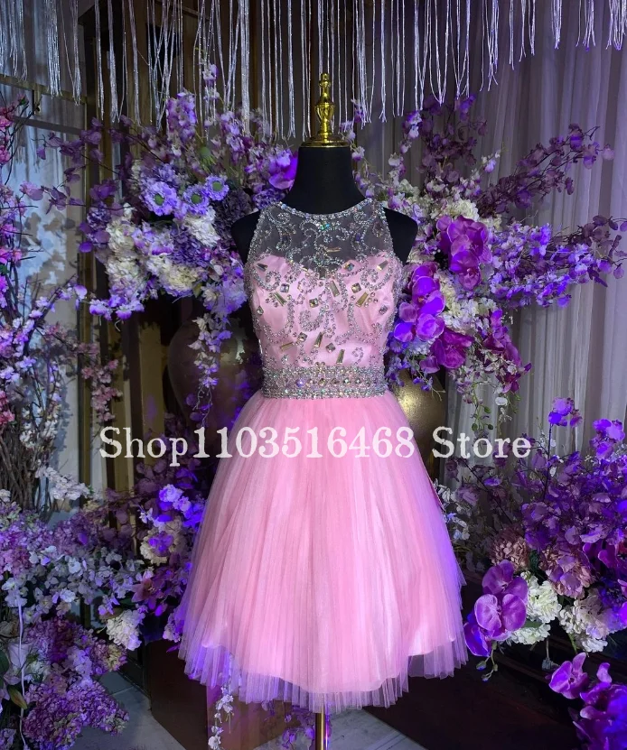 Luxury Diamante Mini Quinceanera Dresses 2024 Round Neck Crystal Beaded Tie Lace Flower Girl Dresses Vestidos De 15 Quinceañera