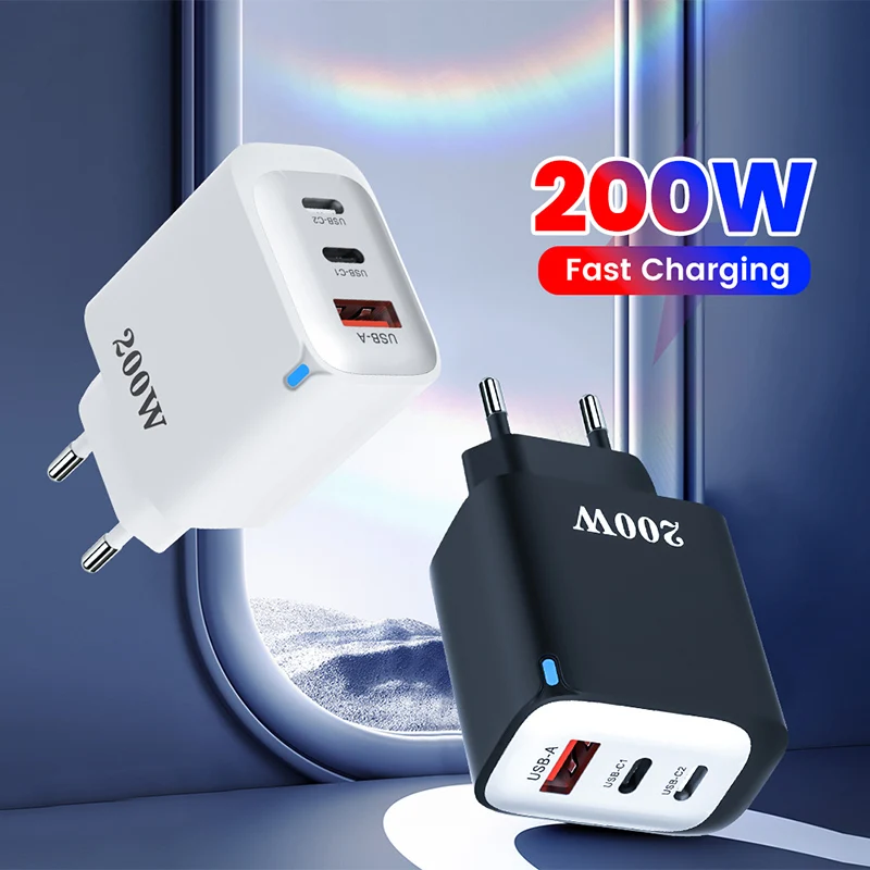 200W 1 USB+2 Type-C 3 Ports Fast Charger Phone Power Adapter EU/US/UK Plug Wall Charger For Xiaomi iPhone Samsung Huawei/Tablets - náhled 2
