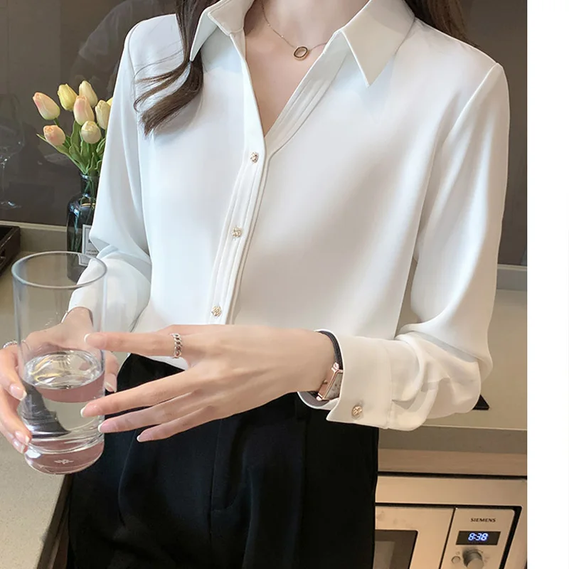 Women Fashion Solid Long Sleeve Shirts Spring Autumn Casual Loose Elegant Blouse Turn-down Collar Button Cardigan Tops