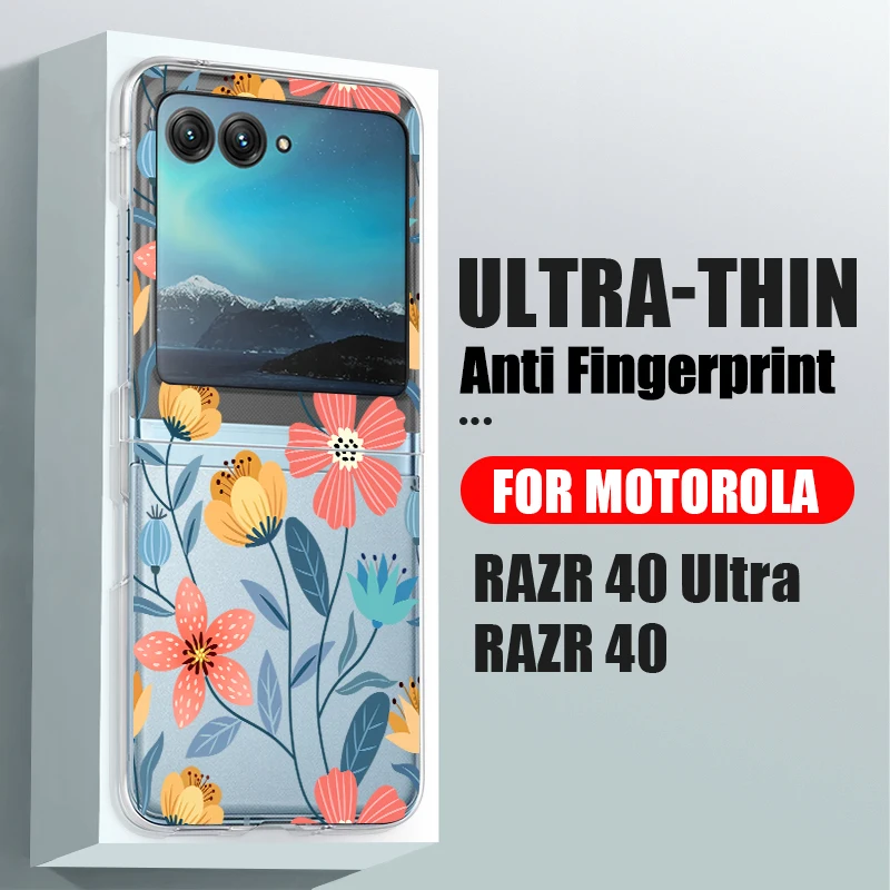 Flowers Pattern Transparent Folding Phone Case For Motorola Razr 50 40 Ultra Razr40 Razr50 Clear Shockproof Bumper Hard PC Cover