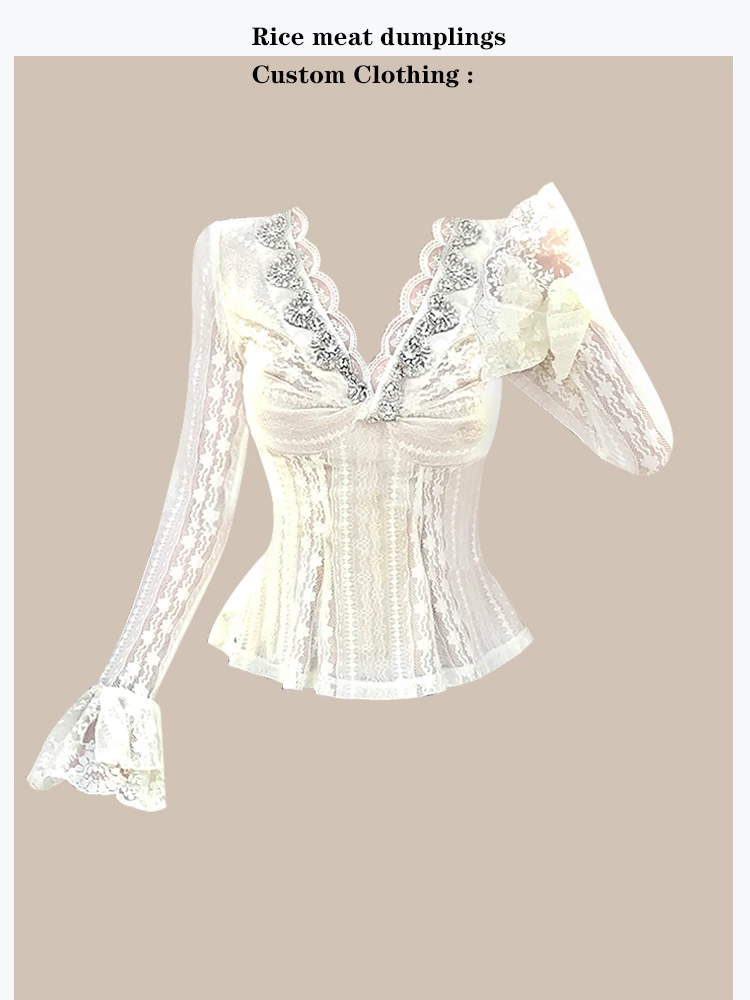 

Pure Desire Heavy Work Lace Shirt V-neck Long Sleeve Waist-cinching Floral Sleeve Court Style French Cotton Polyester Blend