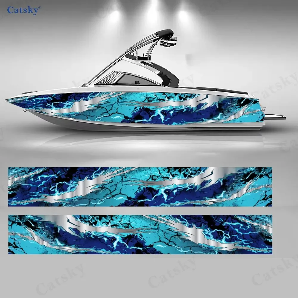 2Pcs Ice Crack Lightning Pattern Boat Stickers, PVC Waterproof Vinyl Wrap Decals for Fishing Boats, Durable and Stylish Design