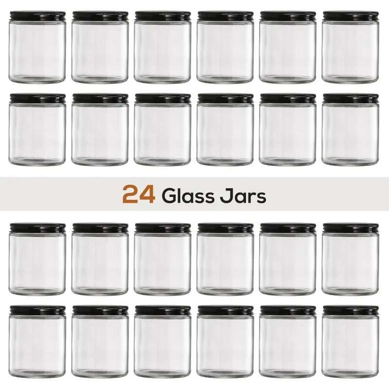 24 pacotes, frascos de vidro grossos de 8 oz com tampas de metal, frascos redondos transparentes para fazer velas, recipientes vazios de armazenamento de alimentos