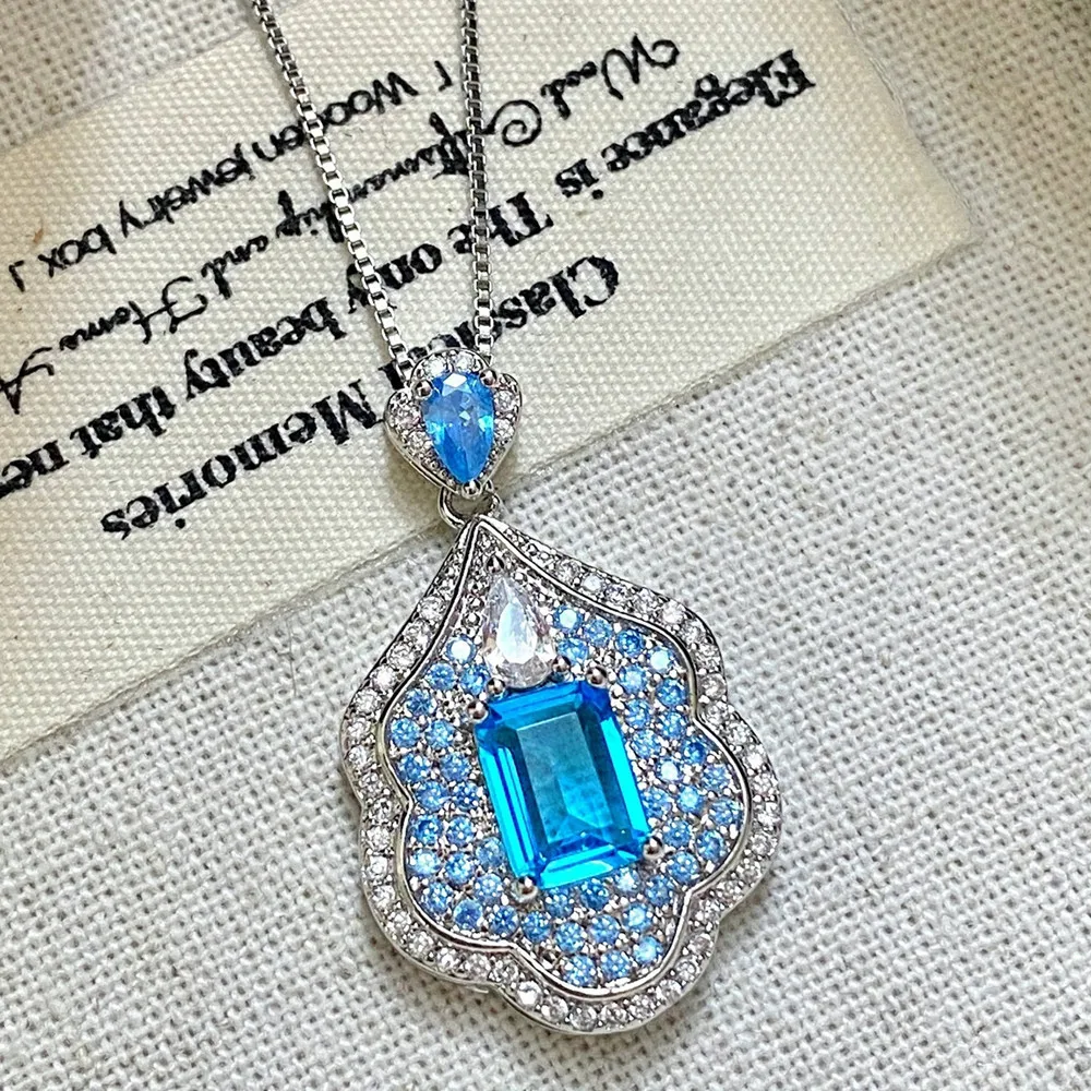 

Подвески-колье из стерлингового серебра 925 пробы с синим топазом, аквамарином и бриллиантами в форме зеркала, роскошные ювелирные украшения для женщин