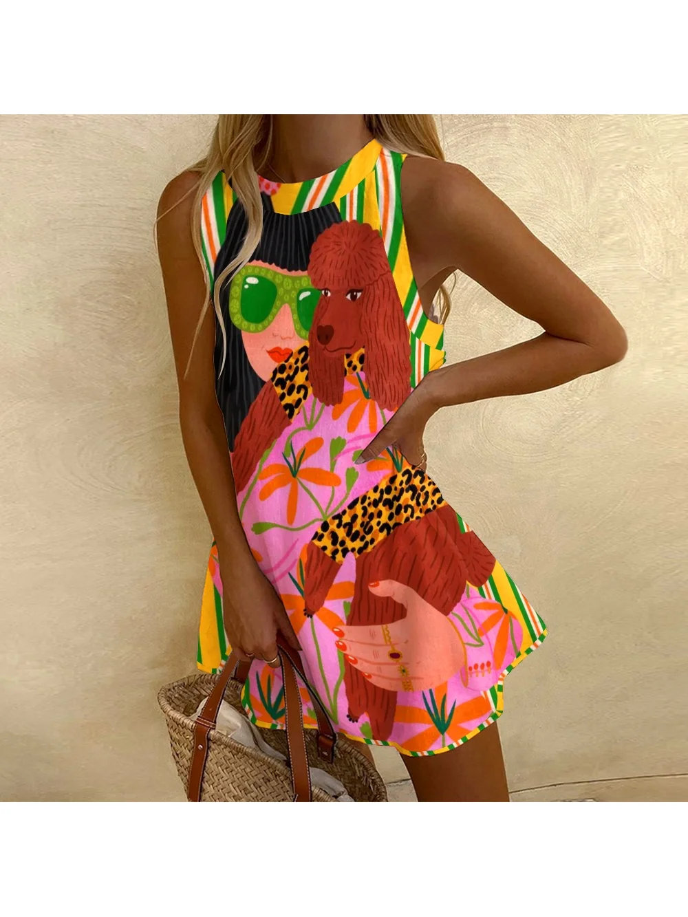 Color Cartoon Print Sleeveless Dress Sexy Y2k Style Cool Girl Street Fashion New Slim Crew Neck A-Shaped Dress Party Dress