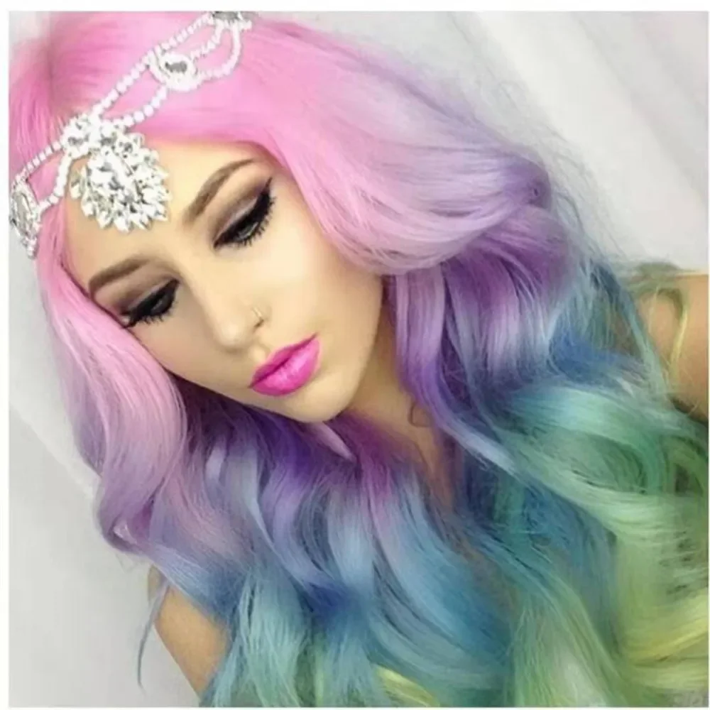 

Synthetic Wigs Fashion Girls Multicolor Middle Parted Curly Wig Party Cosplay Full Head Cover Props