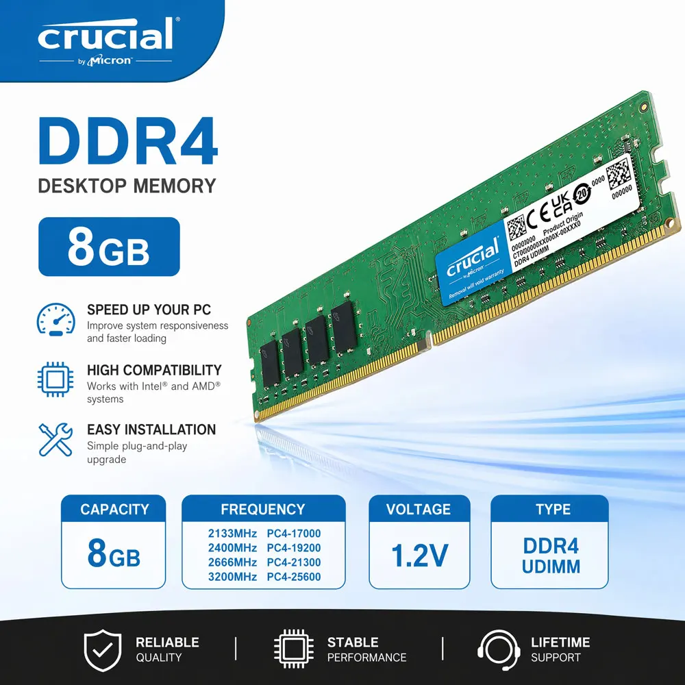 Crucial Memoria Desktop RAM DDR4 8GB 3200MHz 2400 2133 2666MHz DIMM 288Pin PC4-21300 19200 PC4-25600 17000 PC Gaming Memory RAMs