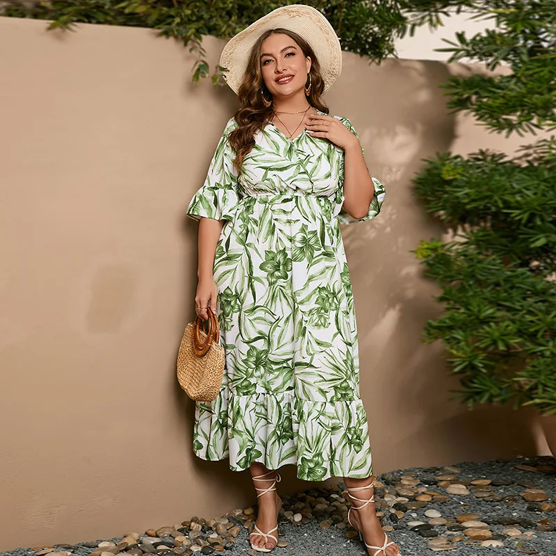 

Summer casual vacation large size dress flared sleeve big swing dress high-end temperament elegant classic women's clothing dan