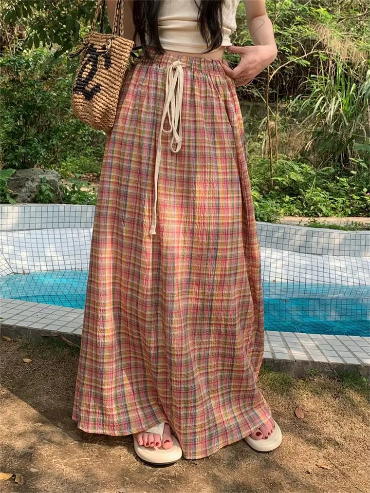 ارتفاع الخصر رقيقة منقوشة المرأة تنورة مرونة الخصر الدانتيل يصل فضفاض ألف خط تنورة طويلة اليومية ملابس الشارع الشهير الربيع والصيف التنانير