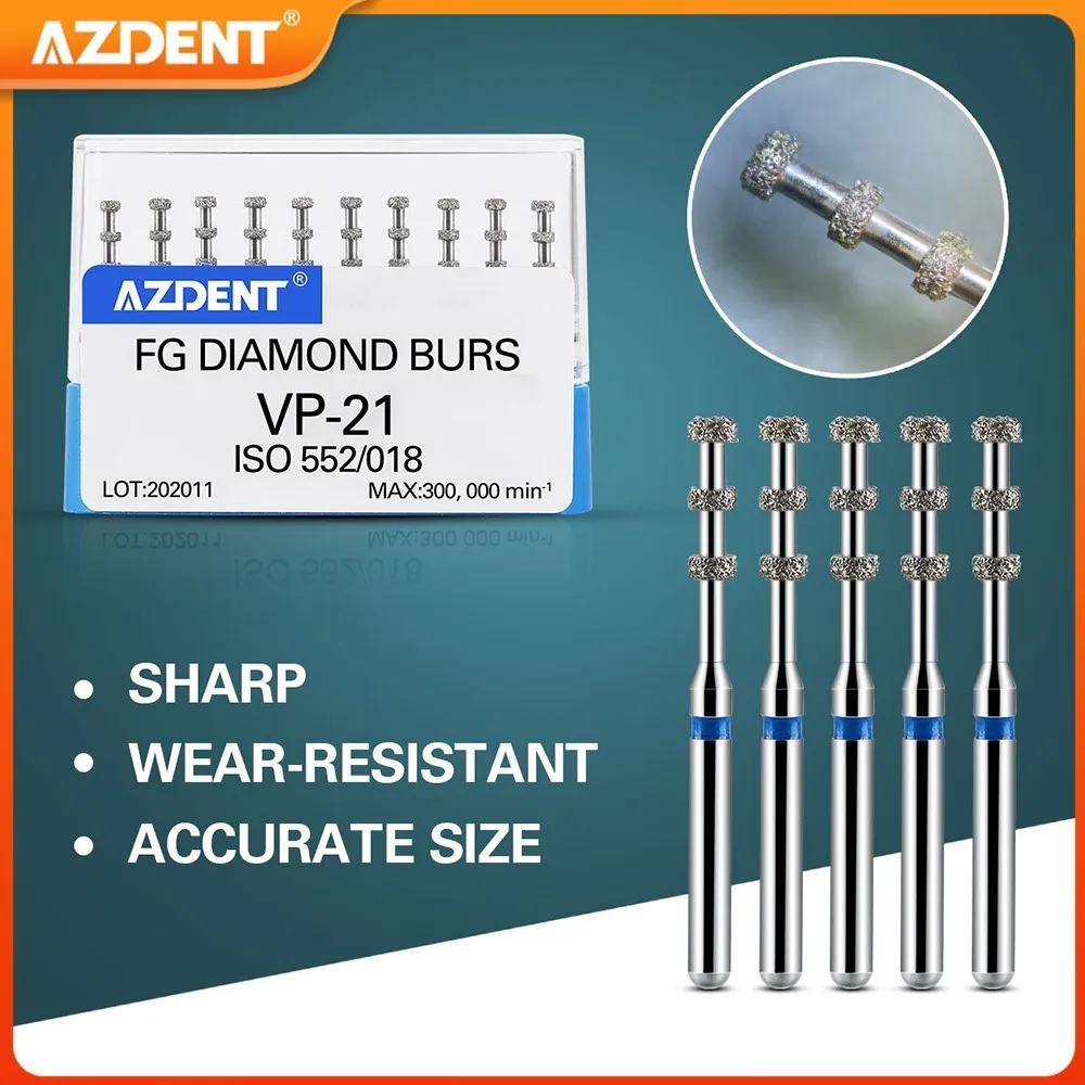 

AZDENT Dental FG Diamond Burs VP-21 Preparation Depth Marking Medium Grit 1.6mm for High Speed Handpiece 300,000RPM Autoclavable