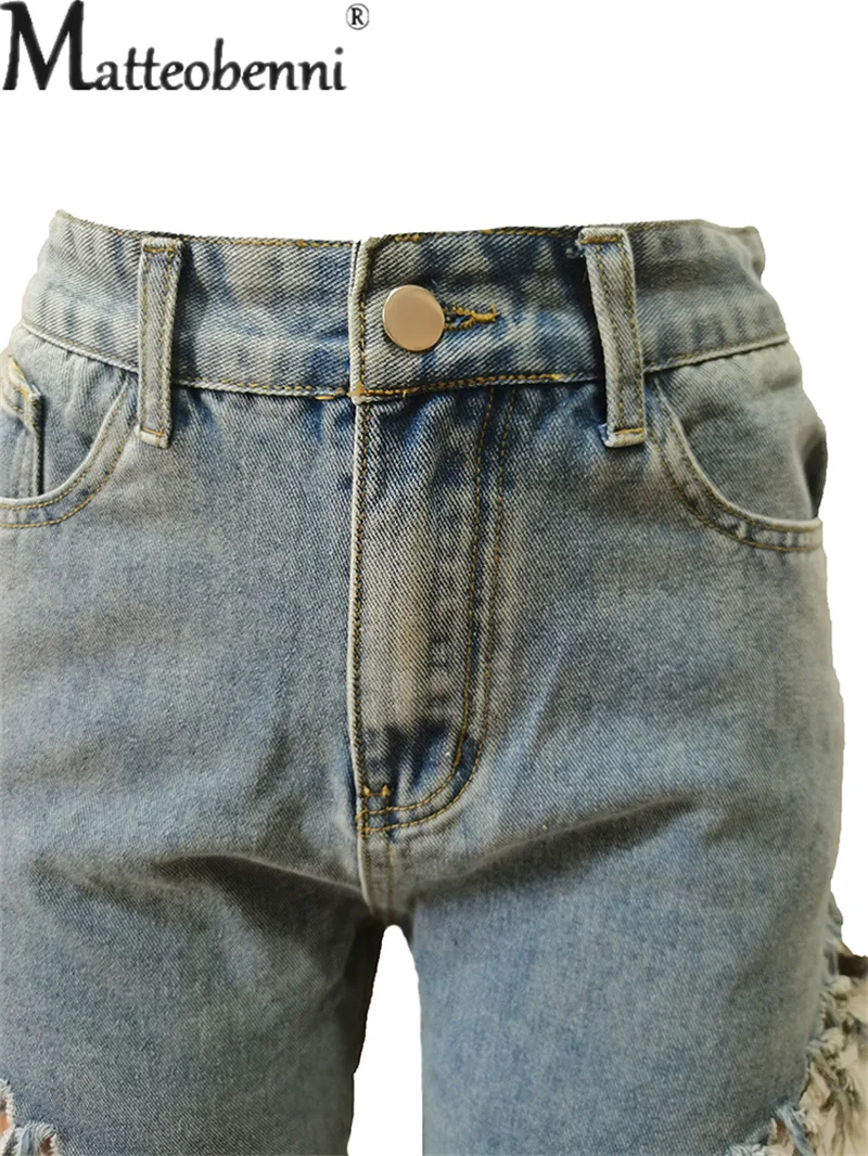 Sexy Broken Holes Splicing Tassel Straight Jeans Female Fashion Hollow Out Denim Pants Trend Casual Streetwear Women's Trousers