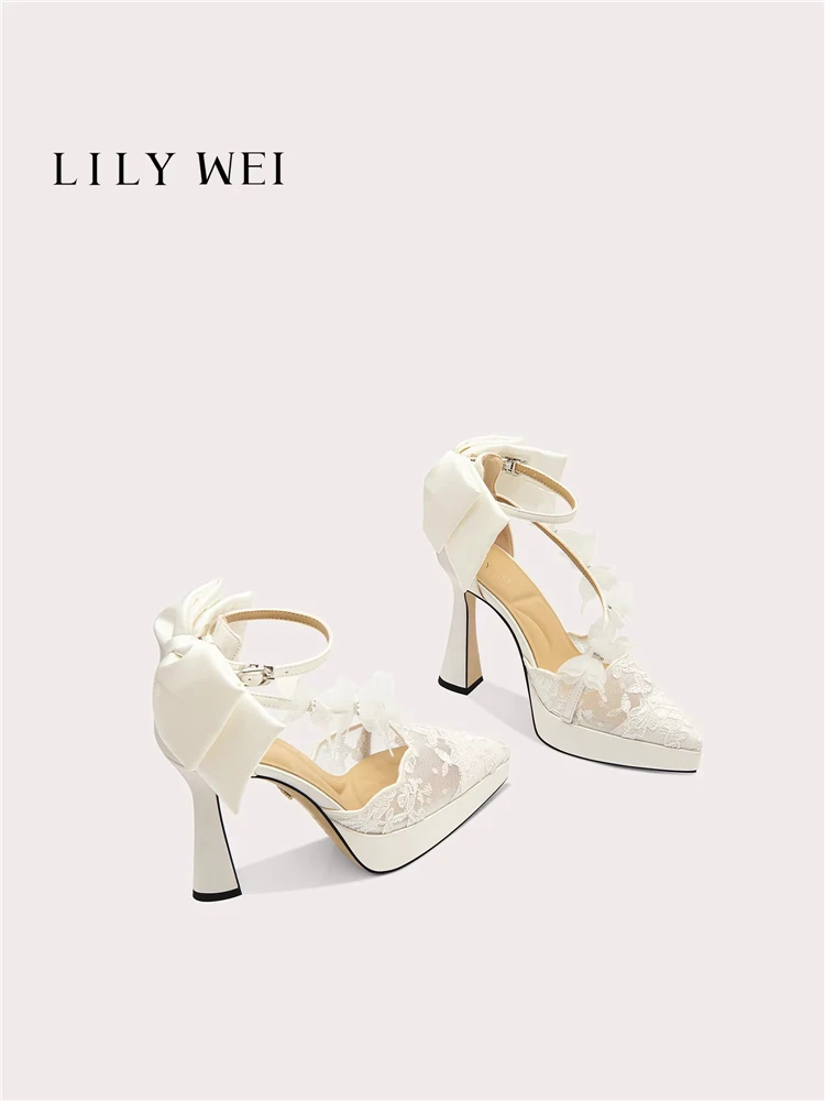 

Summer new pointed lace mesh rhinestone butterfly waterproof platform wedding shoes banquet large size small size women's sandal