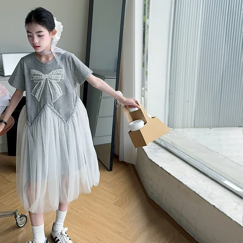

Korean Girls' Dress Summer Dress 2025 New Foreign Style Girls' Children's Fashionable Bead Short-sleeved Splicing Mesh Skirt