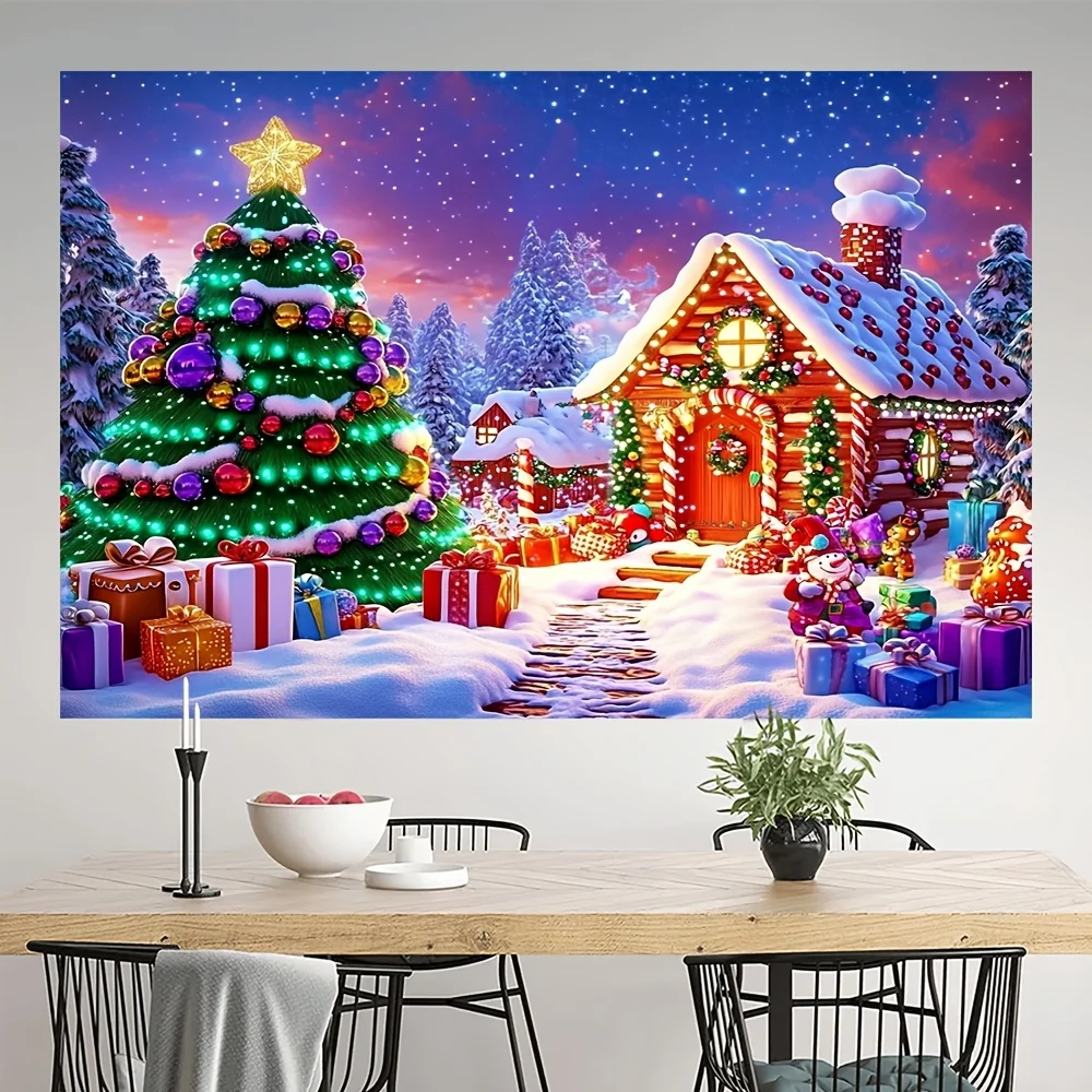 Large Christmas Wall Tapestry Holiday Decor Snowy Village Cabin Scene Festive Tree Wall Hanging Polyester Art Print Xmas