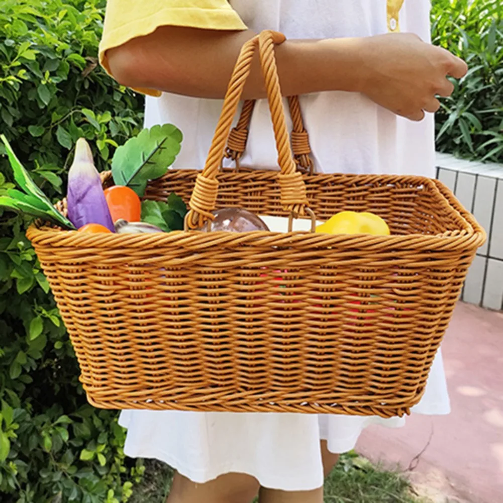 Light Weight Imitation Rattan Storage Basket Garden Picking Gift Basket Outdoor Picnic Storage Container With Foldable Handle