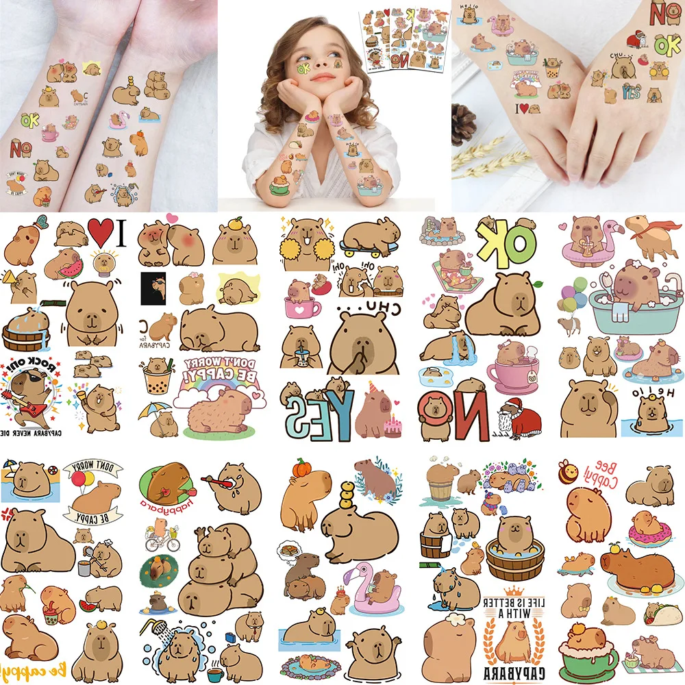 10 Uds. De pegatinas de tatuaje de capibara bonitas, tatuajes temporales de animales de dibujos animados para niños, pegatina kawaii para niños, juguete de regalo de cumpleaños y Navidad