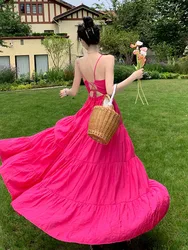 Hot Pink Backless Lace Up Sexy V Neck Long Pleated A Line  Ruffled Summer Dress