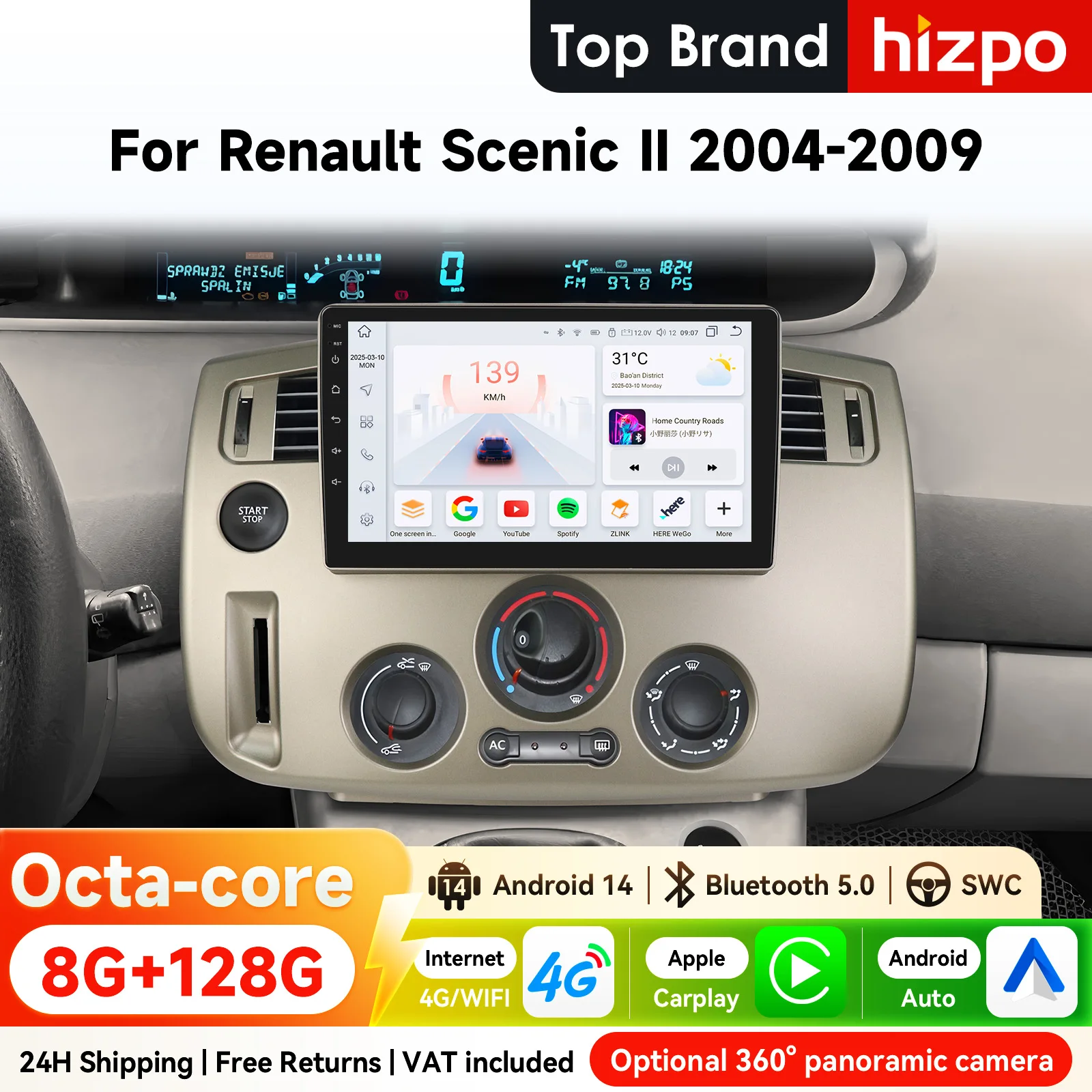 Radio samochodowe Hizpo 9 cali 2Din Android do Renault Scenic Ⅱ 2004 - 2009 Snapdragon 6115 Auto CarPlay 4G Bluetooth WiFi GPS Nawigacja RDS DSP SWC 360 ° CAM