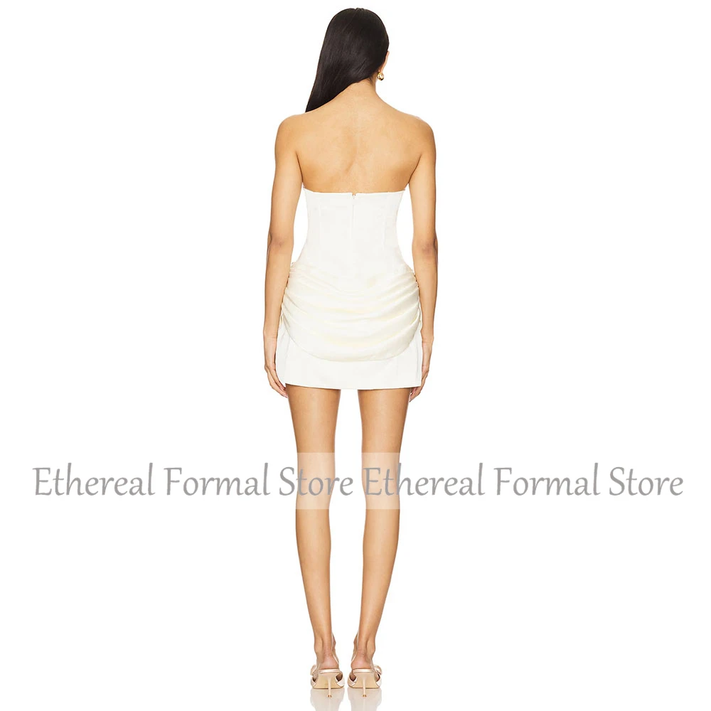 Modern Ivory Mini Short Party Dress Mermaid Cocktail Dress Pleat Prom Gown Strapless Homecoming Dress With Gloves Saudi Dress