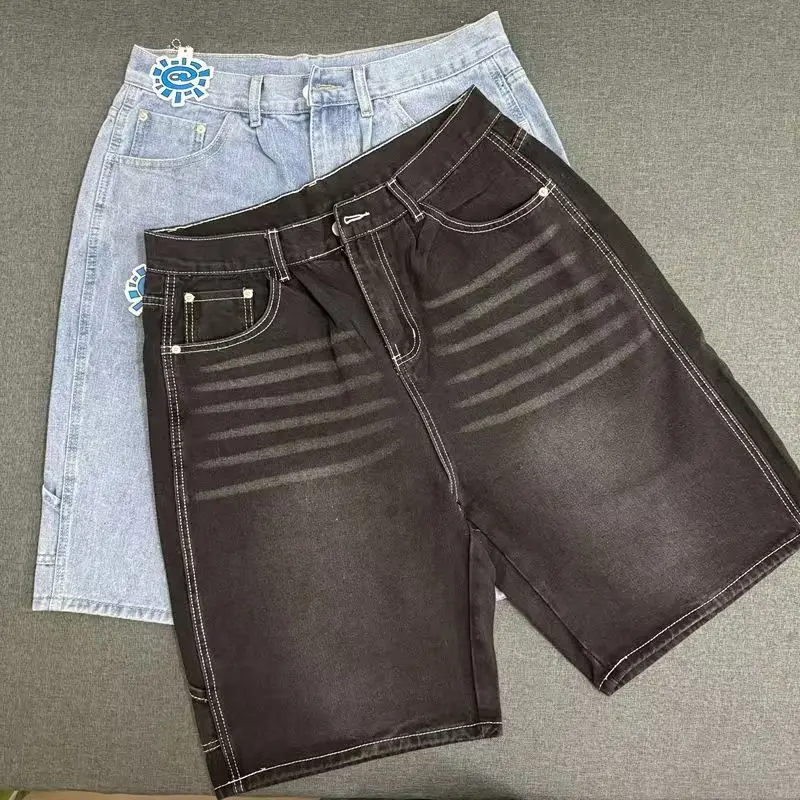 

Loose Fit Sun Roll Printed Street Sle Jeans Mid-Length Men's Casual Summer Denim Pants High Waist Zipper Fly Straight Leg