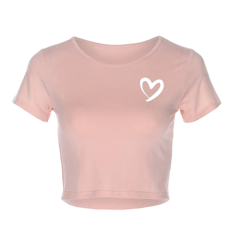 Women Summer Crop Top T-Shirt Heart Print Female O-Neck Short Sleeve T-shirts for Women High Waist Slim Short Sport T-Shirt