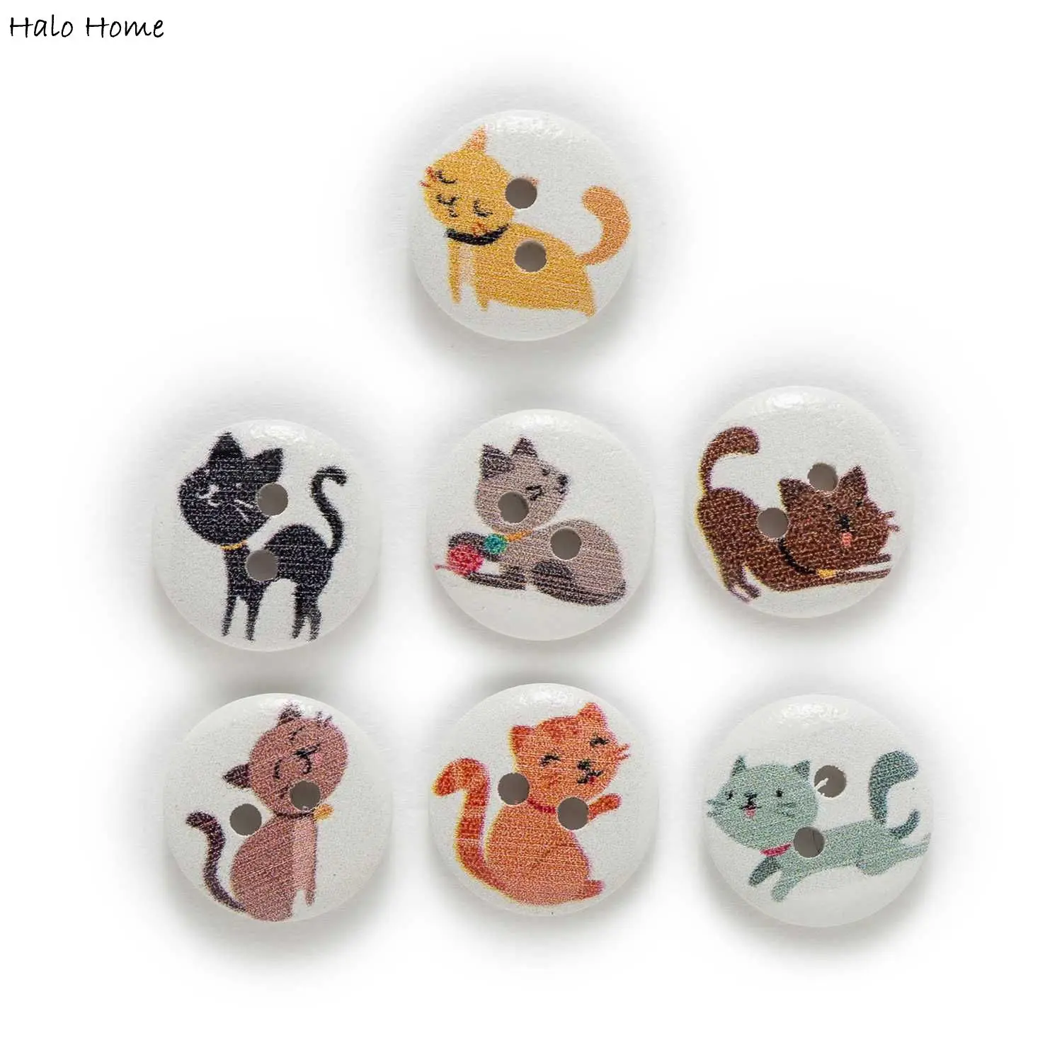 4 Style 15mm 50pcs Mixed Cat Theme Richly Colorful Round Wood Buttons Sewing Scrapbooking Clothing Crafts Handwork Accessories