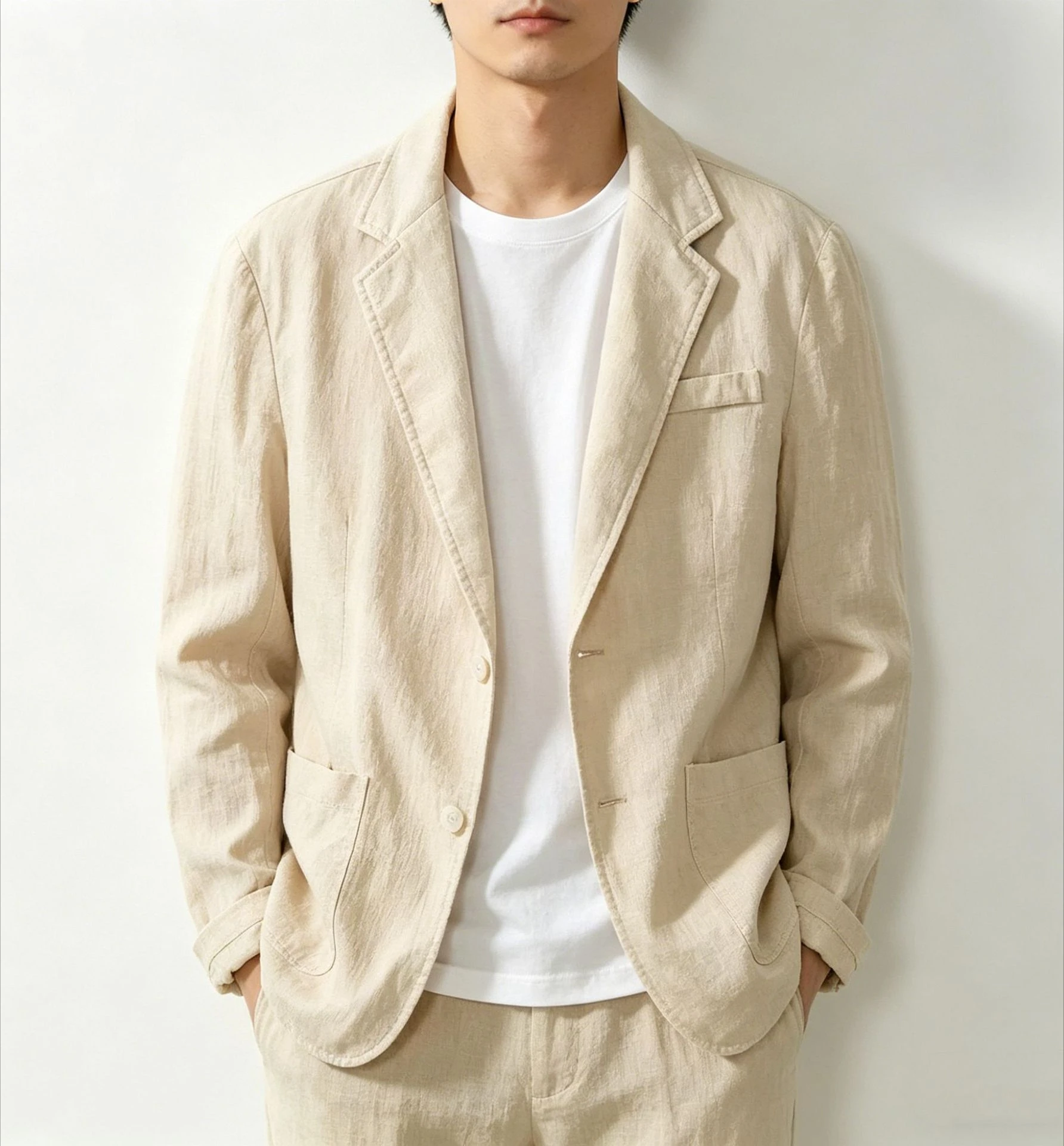 Herren 100% Baumwolle Leichter Blazer mit Revers, Lässige Anzugsjacke, Atmungsaktive Einfarbige Oberbekleidung in Verschiedenen Farben – Detail 6