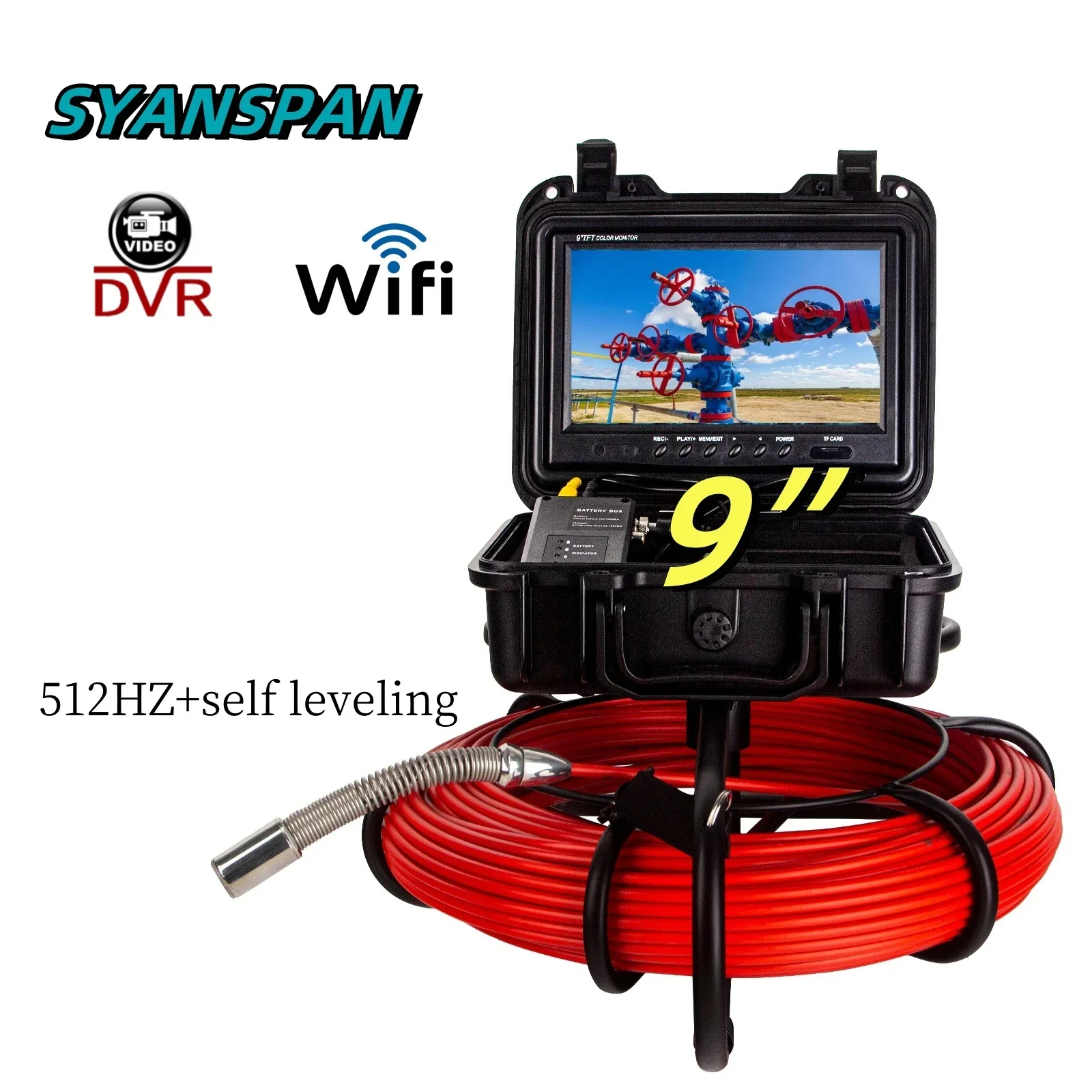 

Pipe Inspection Camera 512Hz sonde/transmitter+self-leveling, SYANSPAN 9Inch HD1080P Screen Sewer Drain Industrail Endoscope DVR