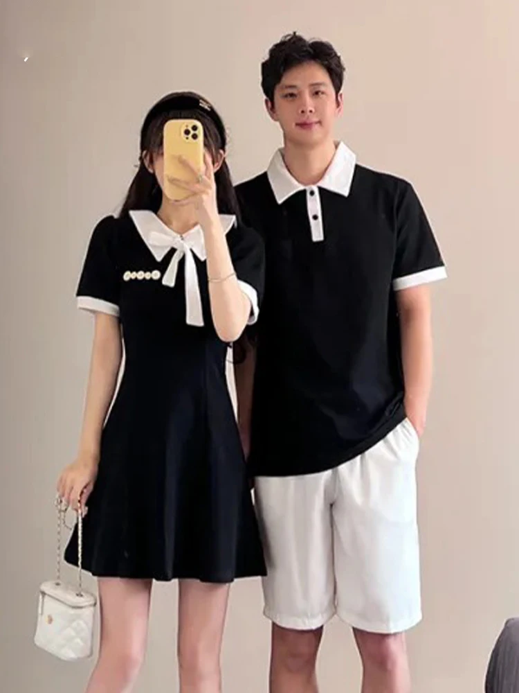 

2024 Summer Preppy Style Black Women Peter Pan Collar Short Sleeve Mini Dress With Men Polo T-shirt Top For Couple Clothes